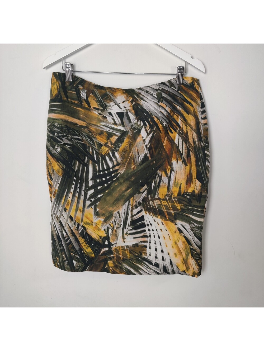 Premise Linen Blend Abstract Palm Print Pencil Skirt Olive Mustard Size 12